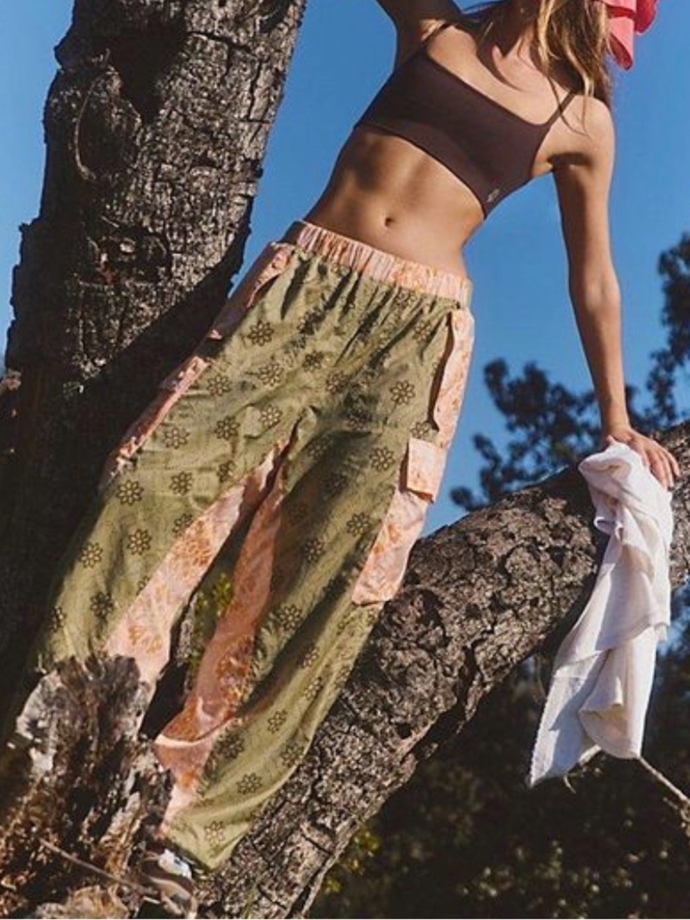 FREE PEOPLE Bohemian FloralWide-Leg Patchwork Cargo Pants in Olive Green & Peach